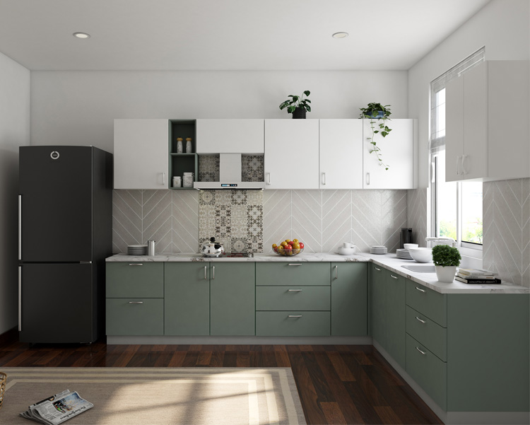 L-shape green kitchen cabinet